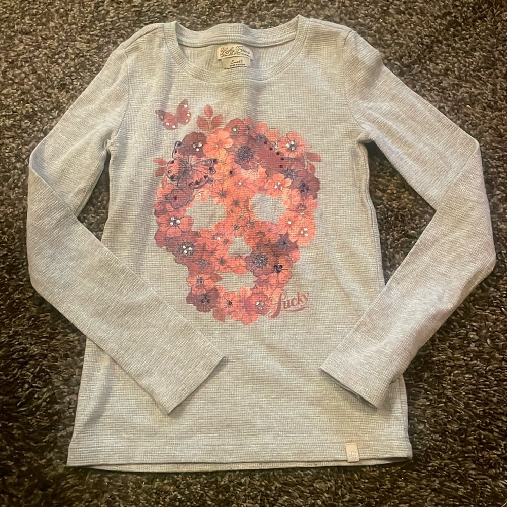 Lucky Brand Girl long sleeve thermal with pink skeleton size Small
